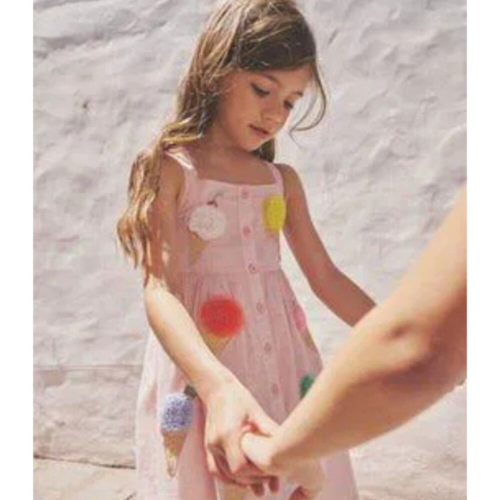 Mini Boden Girls Button Through Logo Dress Ballet Pink Ice Creams 6/7